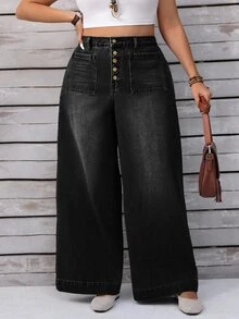 SHEIN CURVE+ Plus Size Women's Button Fly Casual Loose Wide Leg Denim Jeans - Black - View 5