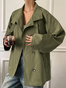 DAZY 女款素色長袖單排扣修身款風衣 - 軍綠色 - 查看 4