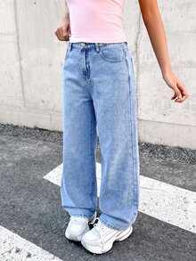 SHEIN 青少年女孩粉色蝴蝶結圖案淺藍色寬鬆牛仔長褲 - 藍色 - 查看 6