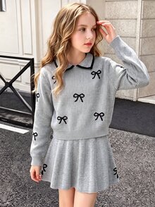 SHEIN 少女 2 件組秋冬毛衣套裝，可愛甜美彼得潘領蝴蝶結圖案粗針織長袖套頭上衣，百搭直筒開衩下擺裙 - 灰色 - 查看 6