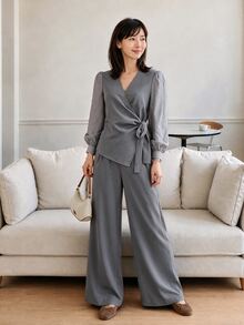 Yumoku 女款綁帶長袖襯衫與百褶長褲兩件套，秋季女裝，冬季女裝套裝 - 棕色 - 查看 3