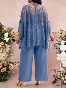 Fleurora Plus Size Women's Lace Cape Sleeve Top And Pants Elegant Two Pieces Set - Dusty Blue - View 2