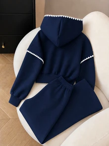 SHEIN Girls' Casual Fashion Knit Solid Color Front Print Letter Graphic Drop Shoulder Long Sleeve Ribbed Waist Hooded Top And Long Pants With Front Center Line Print Letter Graphic Sweatshirt 2 Pieces Set - Navy Blue - View 2