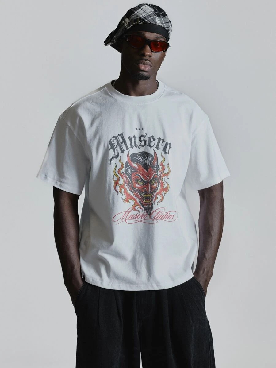 Oversized Drop Shoulder Halloween Graphic Tshirt "MUSERO STUDIOS "Crew Neck Autum Winter Essentials - White - View 1