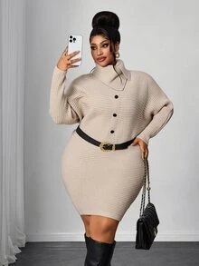 Maweii Plus Size Women's Knit Dress With Collar And Buttons, Fashion Slimming Dress - Khaki - View 1