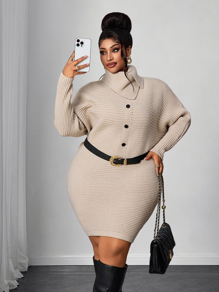 Maweii Plus Size Women's Knit Dress With Collar And Buttons, Fashion Slimming Dress - Khaki - View 1