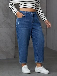 SHEIN PETITE CURVE Plus Size Casual Washed Distressed Denim Jeans - Blue - View 5