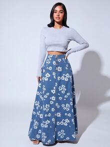SHEIN SXY 女款花卉印花鈕扣前襟休閒牛仔裙 - 中等水洗藍 - 查看 7