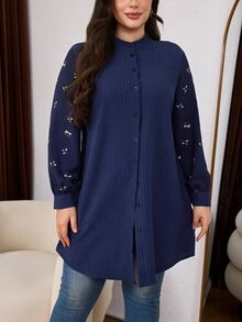 Lacomfia Minimalist Casual Solid Color Patchwork Ditsy Floral Stand Collar Long Sleeve Loose Regular Fit Plus Size Shirt, Spring/Autumn - Navy Blue - View 6
