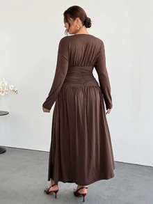 Firerie Plus Size Women's Solid Color Pleated Casual Party Dress - Coffee Brown - View 2