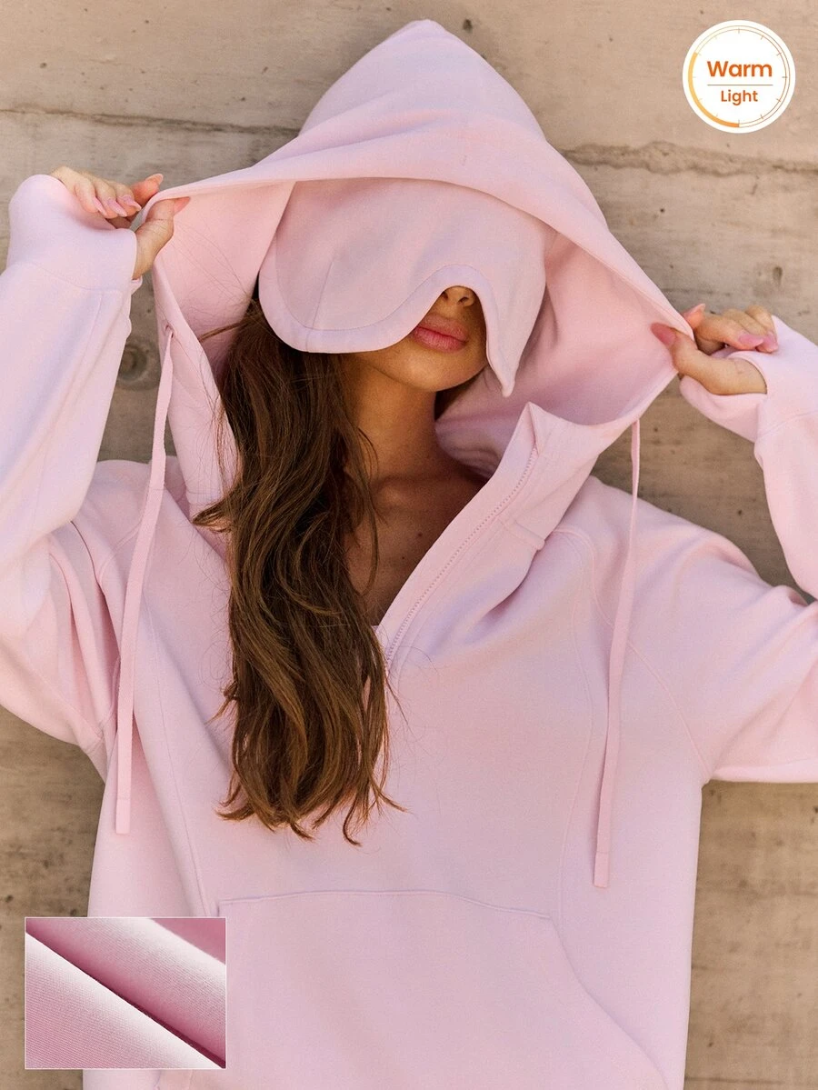 GLOWMODE Masker Mata Oversized Modal Lembut Bertekstur Halus dengan Hoodie Setengah Resleting, Tudung yang Dapat Diatur & Kantong Jala Tersembunyi, Pakaian Kasual Sehari-hari - Berwarna merah muda - View 1