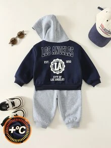 SHEIN 中性嬰兒男/女嬰，男嬰 2 件組秋冬抓絨加厚休閒可愛連帽衛衣套裝，嬰兒冬季套裝，運動服，慢跑褲 - 藏蓝色 - 查看 4