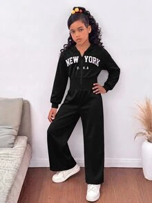 SHEIN 少女時尚極簡純色連帽拉鍊印字字母高腰秋冬連身褲 - 黑色 - 查看 5