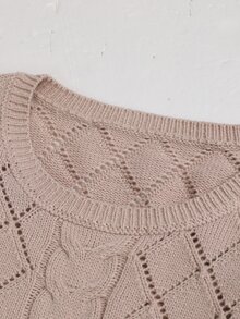 Linhara CURVE كنزة صوفية نسائية مقاس كبير خريف/شتاء بتصميم مجدول مفرغ وياقة مستديرة وأكمام طويلة - لون مشمشي - مشاهدة 5