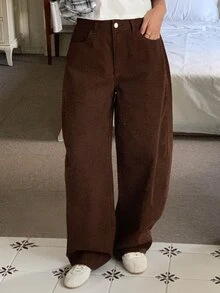 DAZY 女款純色寬鬆彎腿休閒街頭風韓式秋冬長牛仔褲，度假穿搭 - 棕色 - 查看 7
