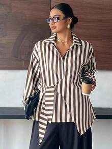 Dazy Plus Solid Color Lapel Half-Open Front Hem Tie White Long Sleeve Shirt Plus Size Women Spring Autumn - Khaki - View 1