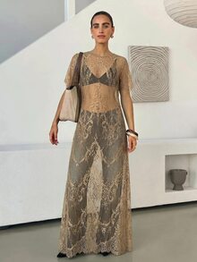 Lavishia 女款優雅甜美透視蕾絲洋裝 - 杏色 - 查看 7