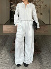 Dazy Plus Autumn Striped Loose Commuter Casual Wide Leg Long Pants Vacation 2 Pieces Set - White - View 4