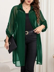 Reflora Plus Size Women's Solid Color Casual Versatile Daily Wear Shirt - Green - View 6