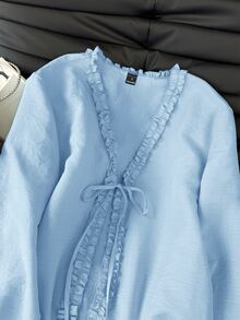 Muvela Women's Sweet Fashion Ruffle Trim Tie Front Blouse - Baby Blue - View 3