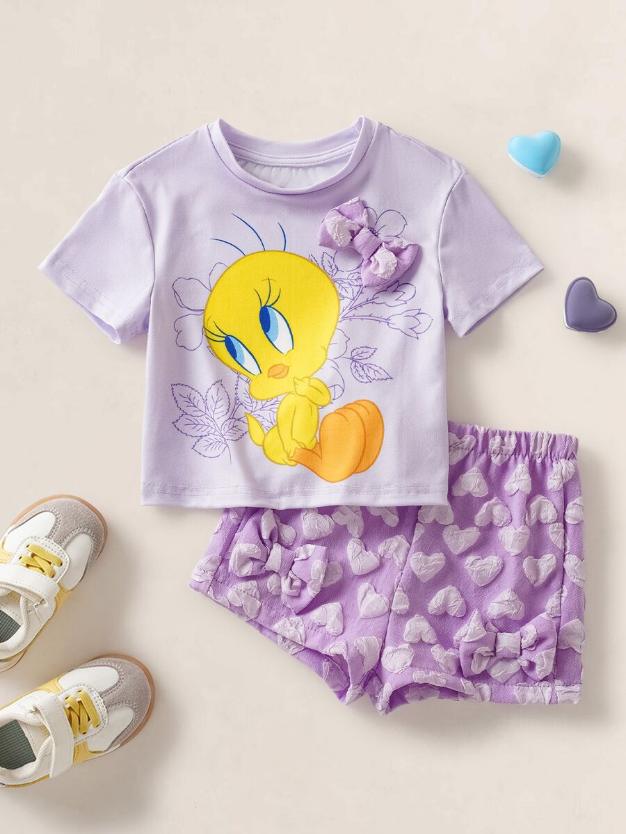 LOONEY TUNES X SHEIN 女嬰卡通印花短袖T恤與短褲休閒日常套裝 - 紫色 - 查看 1