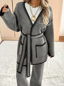 SHEIN EZwear Women's Fashion Long Sleeve Contrast Color Pocket Knit Cardigan - Grey - View 3
