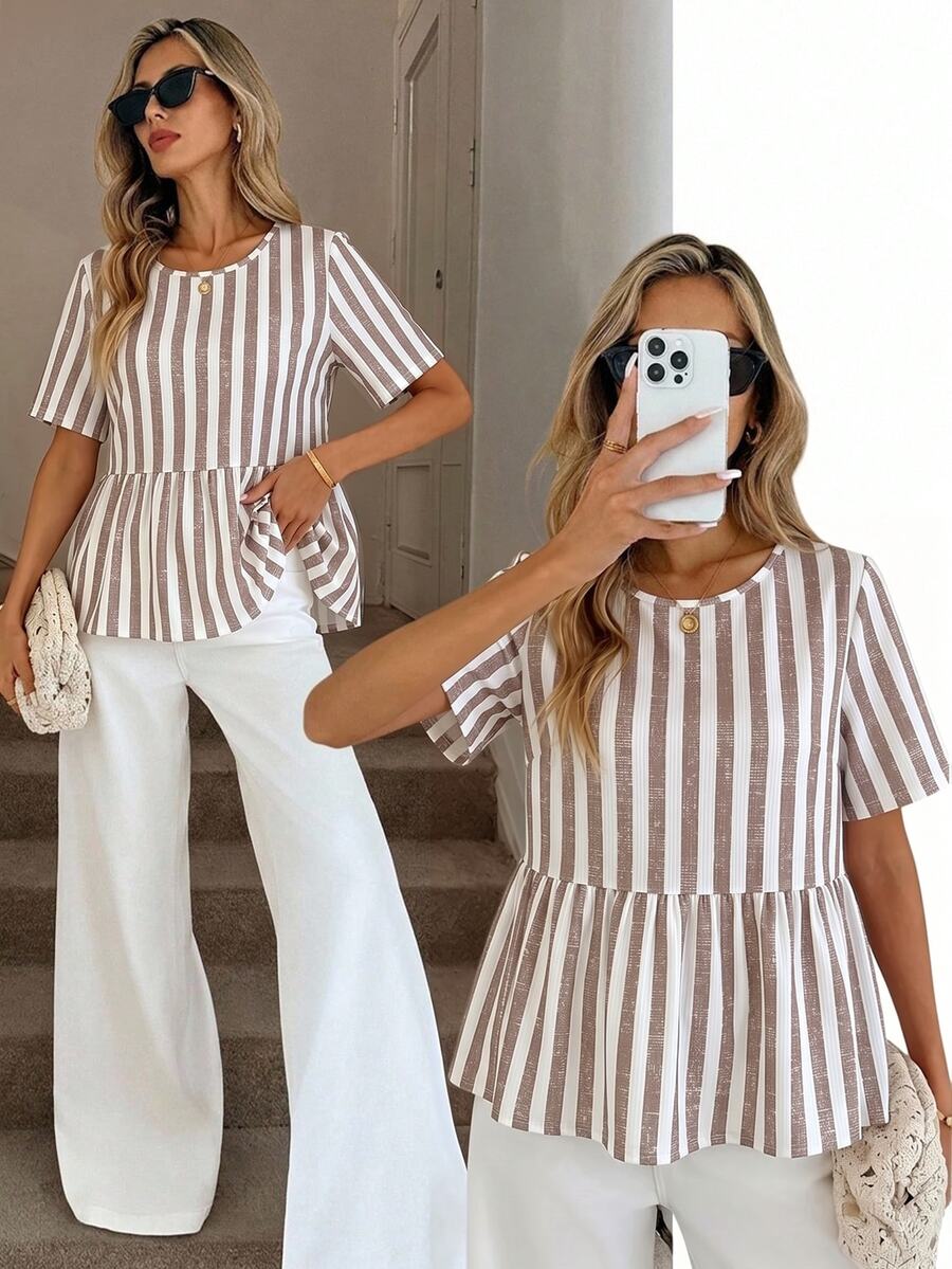 SHEIN LUNE 女款條紋圓領短袖荷葉邊下擺休閒襯衫 - 彩色 - 查看 1