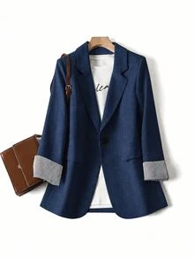 SHEIN Franclia 女款灰色條紋拼接長袖缺口領西裝外套 - 藏蓝色 - 查看 1