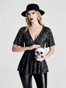 Breakform Women's Summer Gothic Dark Style Snake Print Knit Fabric V-Neck Ruffle Sleeve Short Sleeve Solid Color Cross Wrap Casual Hem T-Shirt - Multicolor - View 6