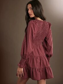 WESTFADE Gaun Mini Kotak-kotak Lengan Panjang Berkerut Bertingkat dengan Kerah Perahu dan Detail Smock, Musim Gugur/Musim Dingin 2026, Gaya Barat, Pakaian Koboi Wanita, Rodeo, Tampilan Wanita Pedesaan, Musim Gugur - MultiWarna - View 3