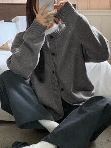 DAZY Women's Solid Color Loose Long Sleeve Round Neck Casual Vacation Autumn/Winter Knit Cardigan - Grey - View 3