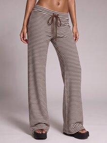 Nooralise Fashionable Hot Girl Sporty Striped Drawstring Tie Wide Leg Long Pants - Multicolor - View 6