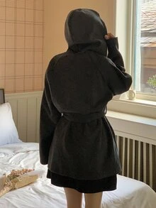 DAZY Women's Solid Color Loose Long Sleeve Hooded Belt Casual Vacation Korean Style Thickened Wool Jacket, Autumn/Winter - Grey - View 5