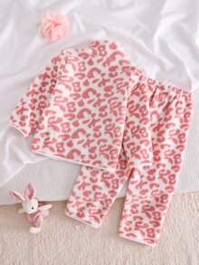 2pcs/Set Young Girls Pajamas, Pink Leopard Print Long Sleeve Long Pants Casual Minimalist Zipper Fleece Pajama Set, Loungewear Autumn Winter - Pink - View 2