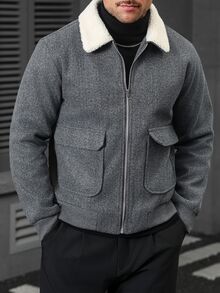 Manfinity CasualCool 男士成熟風深灰色毛領秋冬氛圍羊毛大衣，大口袋拉鍊休閒日常經典款 - 淺灰色 - 查看 7