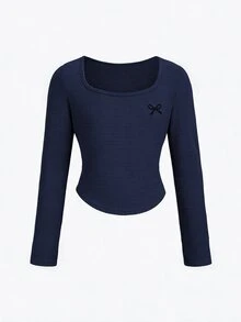 SHEIN Tween女孩秋冬休閒居家服修身U領長袖藍白針織細條紋3D蝴蝶結T恤上衣與配套直筒寬腿長褲2件套舒適彈性針織條紋運動套裝 - 彩色 - 查看 4