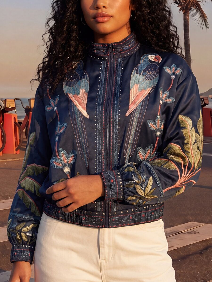 CAJUNI Jaket Wanita Ukuran Besar Lengan Panjang Motif Tanaman Tropis dengan Resleting - MultiWarna - View 1