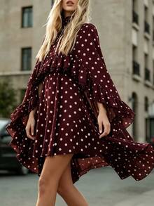 SHEIN PariChic Women's Casual Minimalist Polka Dot Daily Summer Dress - Burgundy - View 4
