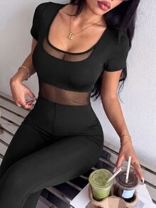 Dewbera Dewbera Women's Minimalist Sporty Sexy Mesh Patchwork Sports Jumpsuit Gym Workout Black Summer - Black - View 6
