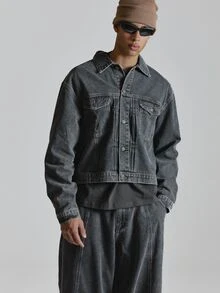 Musero Overszied Back Adjuster Grey Washed Denim Jacket Drop Shoulder Inserted Chest Pockets Co Ord Jacket Only Autum Winter Essentials - Black - View 1