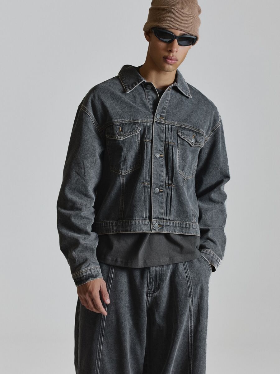 Musero Overszied Back Adjuster Grey Washed Denim Jacket Drop Shoulder Inserted Chest Pockets Co Ord Jacket Only Autum Winter Essentials - Black - View 1