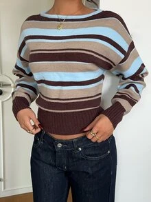 Autumina Sweater Lengan Panjang Kasual Wanita Motif Garis-Garis dan Blok Warna untuk Sehari-hari - MultiWarna - View 3