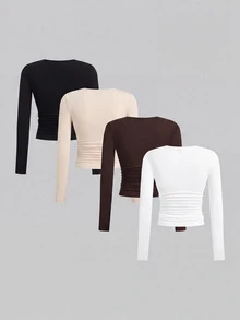 SHEIN EZwear 多色針織女款修身T恤 - 彩色 - 查看 2