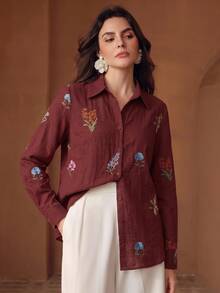 Anewsta Fall Elegant Retro Romantic Embroidered Dark Red Floral Long Sleeve Pleated Vacation Faux Linen Women's Blouse, Autumn Casual Work Brunch Business - Red - View 6