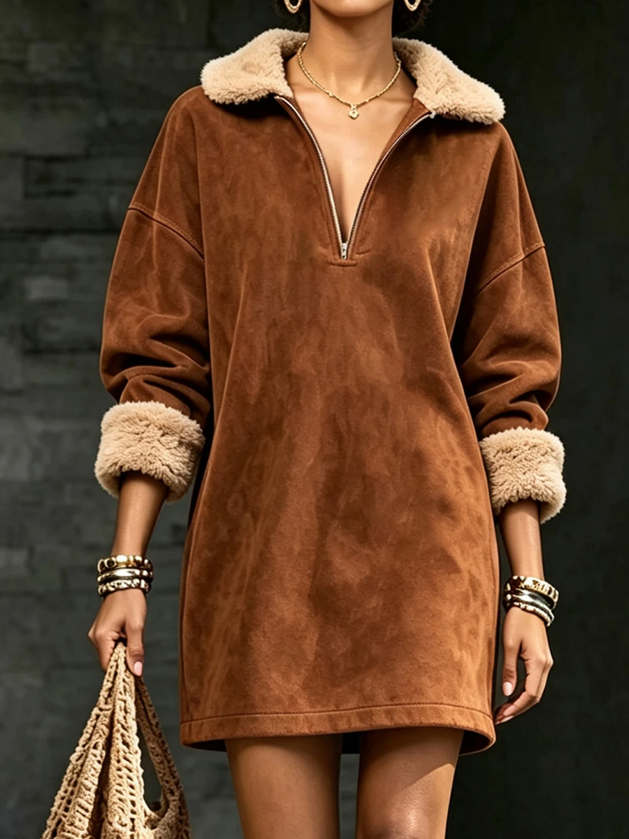 LUMIGAL Women's Autumn/Winter New Casual Fur Collar A-Line Dress - Camel - View 1