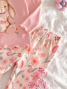 新生女嬰可愛卡通與花卉圖案長袖居家服套裝 - 彩色 - 查看 6