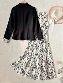 Rusticease Fall Women Button Long Sleeve Jacket Printed Color Block Dress Set Going Out Formal Smart Office Party Black White Casual Elegant Beige - Black and White - View 2