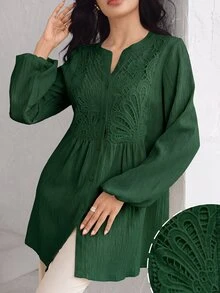 Graceveil Women's Elegant Embroidered Textured Button Vacation Shirt - Dark Green - View 2