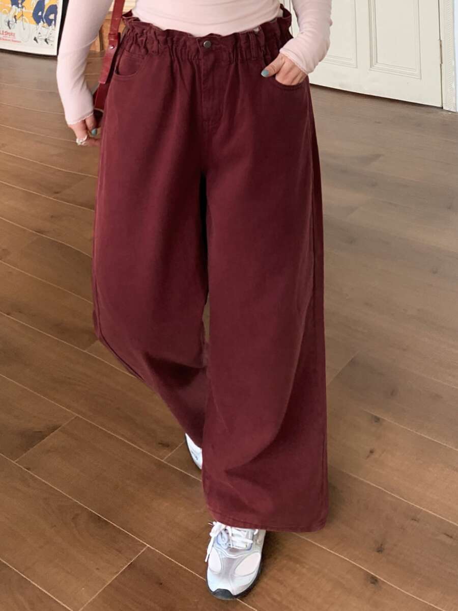 Livesso Curve Semi-Elastic Waist Loose Wide Leg Cuffed Washed Blue Denim Shorts Summer - Red - View 1