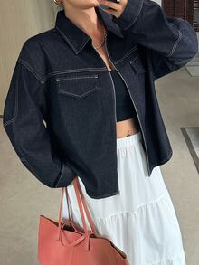 Dazy Plus Autumn/Winter Lapel Long Sleeve Zipper Large Pocket Loose Short Dark Blue Denim Jacket And Coat - Dark Wash - View 8
